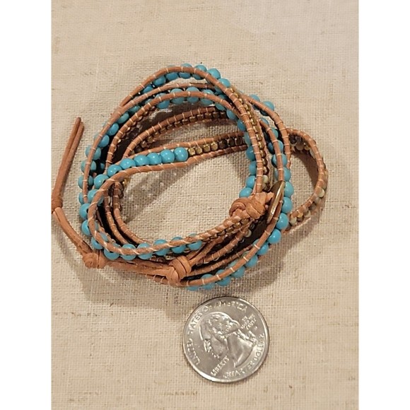 NAKAMOL Beaded Leather Wrap Bracelet Necklace Turquoise Earth Gold tones to 36" - Picture 6 of 8